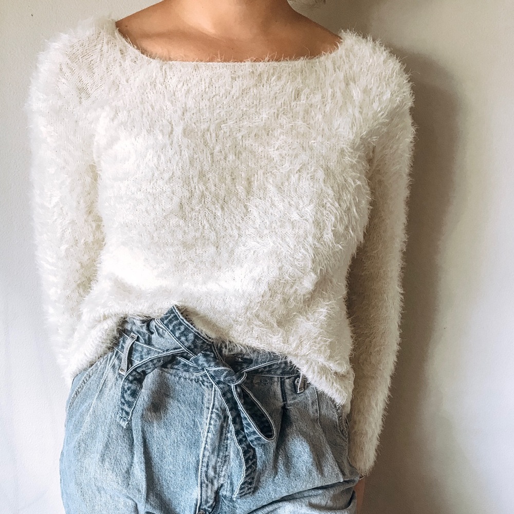 Super soft, fuzzy, white long sleeve sweater.